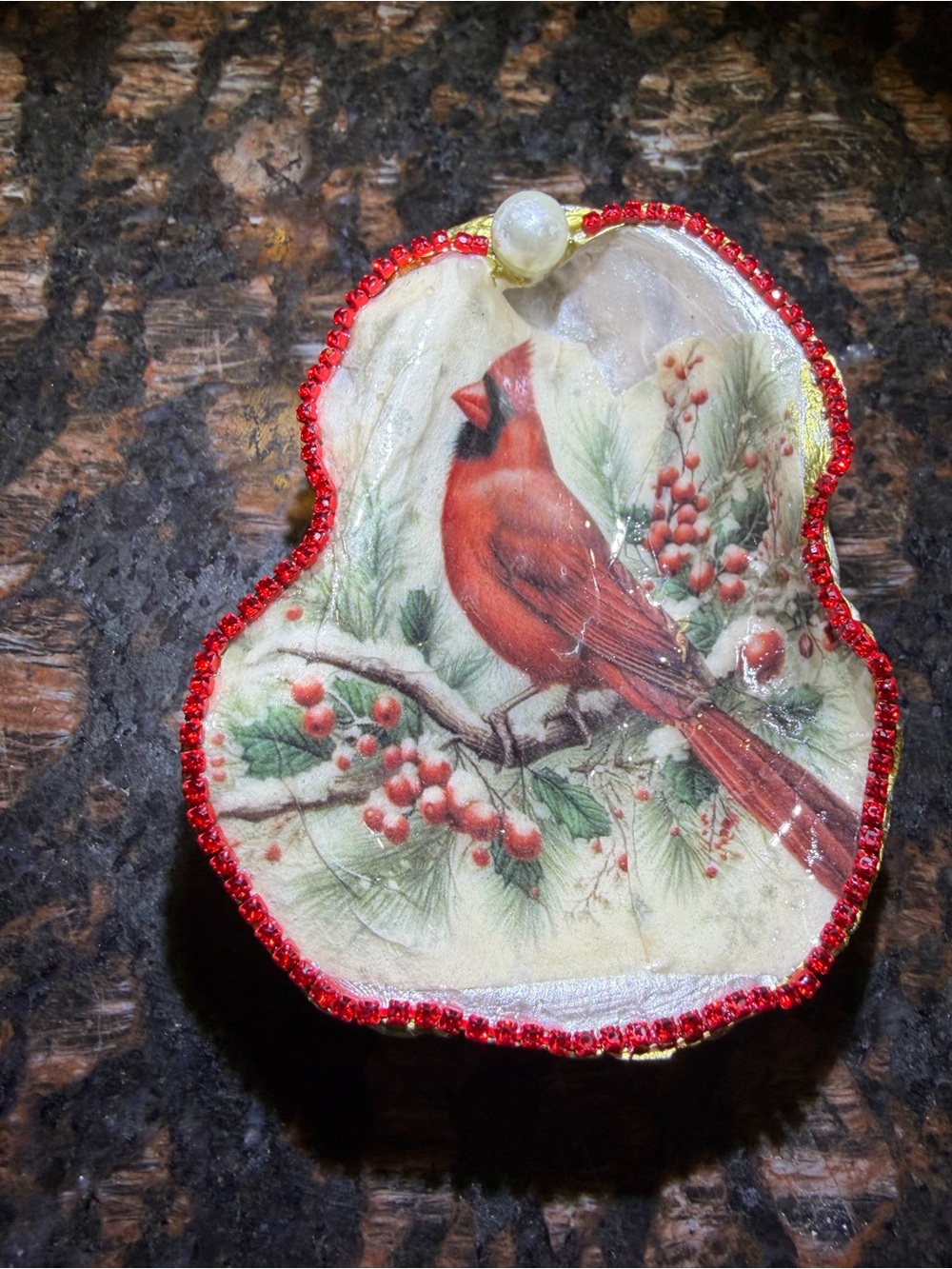 Handmade cardinal decoupage oyster shell trinket dish